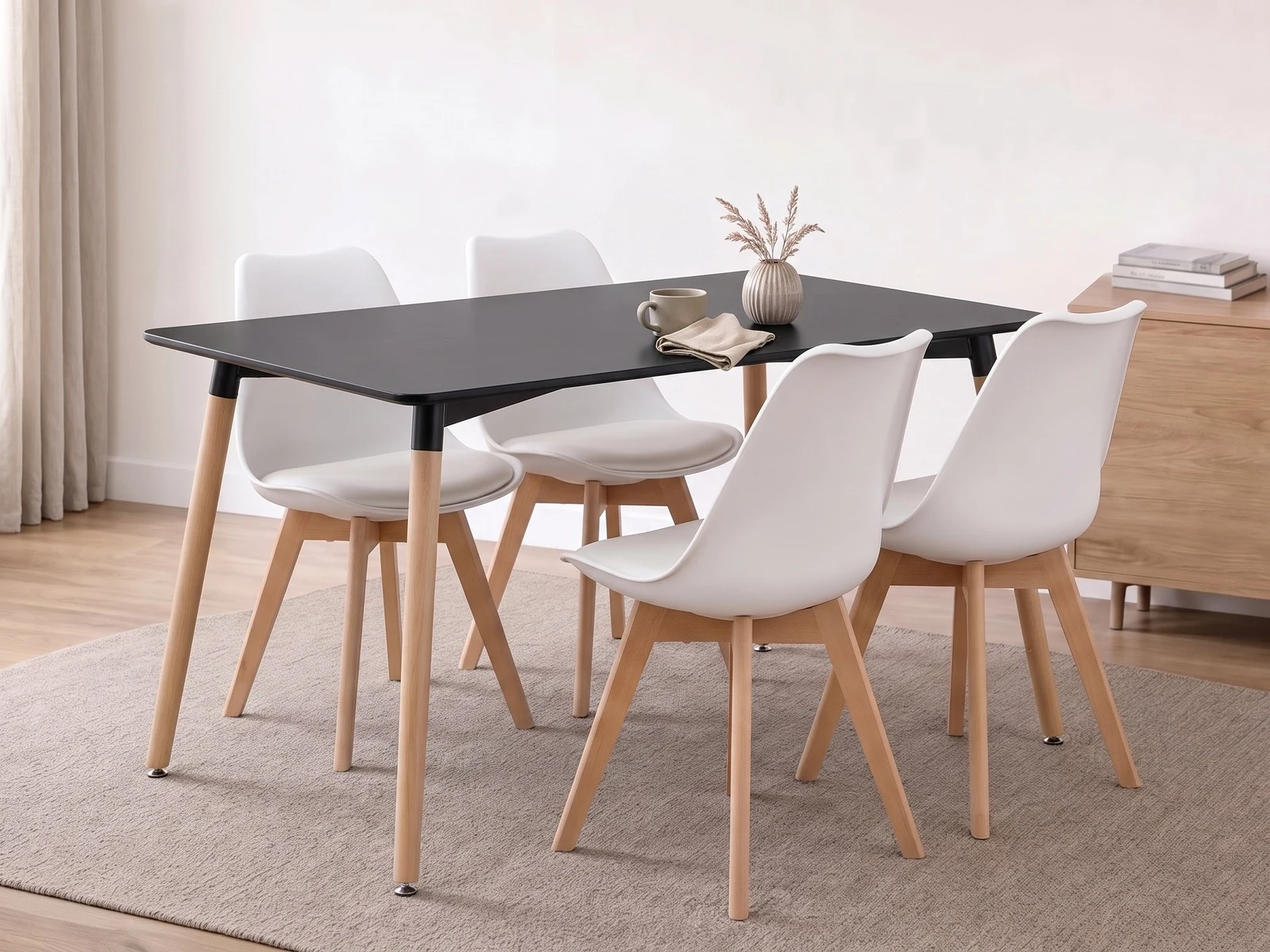 Stół ADRIA 120x80 Czarny + Krzesła Skandynawskie z Poduszką - Białe