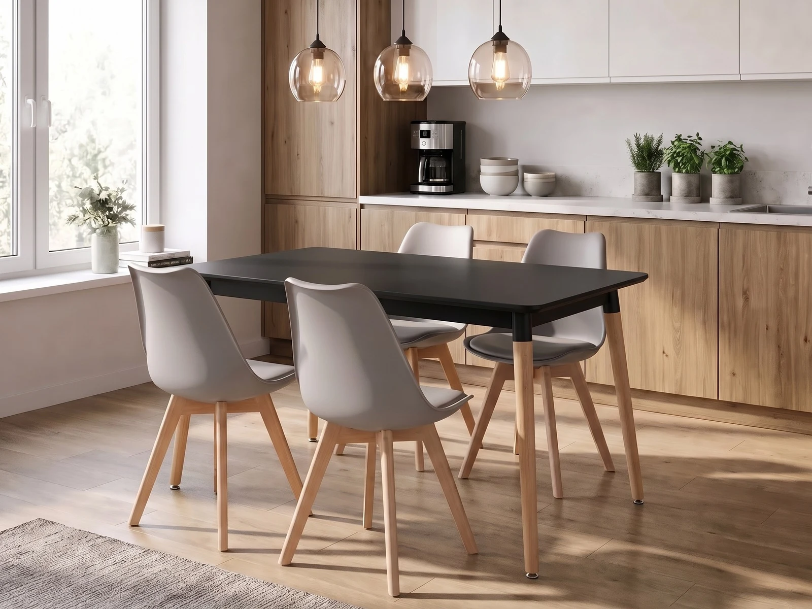 Stół ADRIA 120x80 Czarny + Krzesła Skandynawskie z Poduszką - Szare