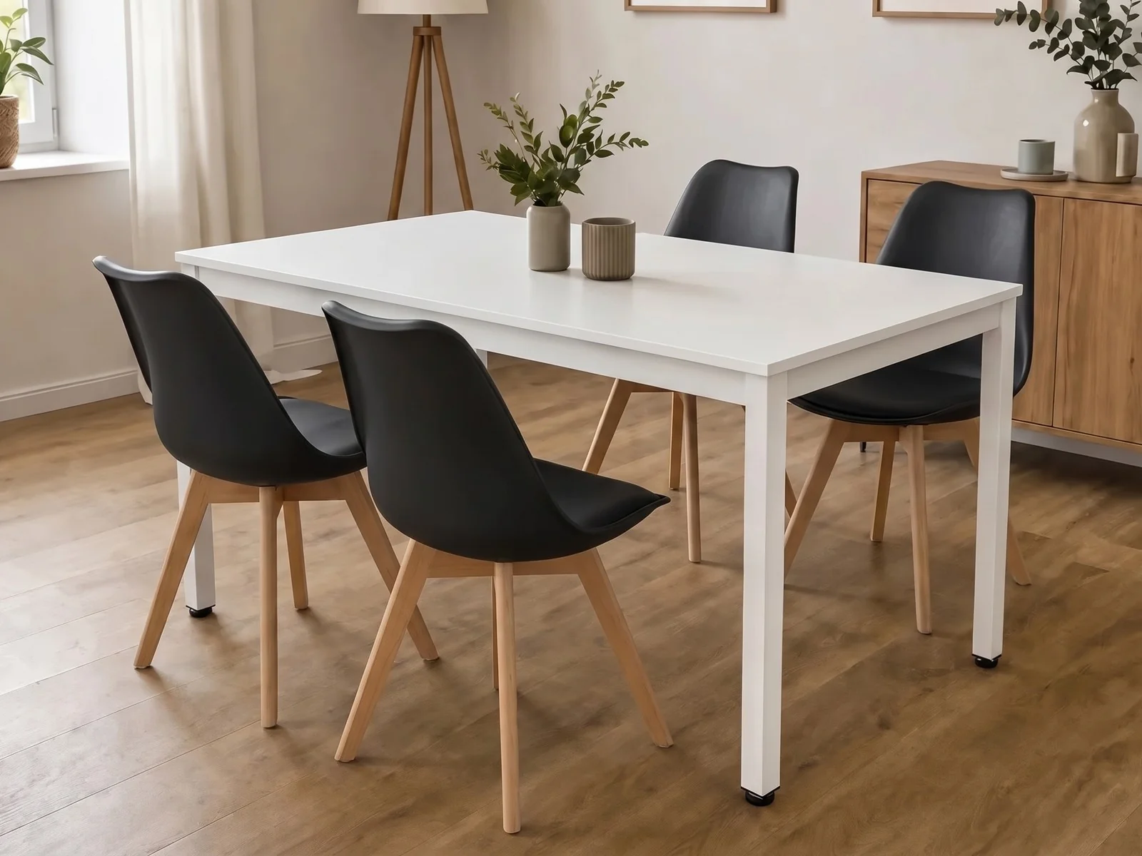 Stół Loft Biały 120x60 + Krzesła Skandynawskie z Poduszką - Czarne