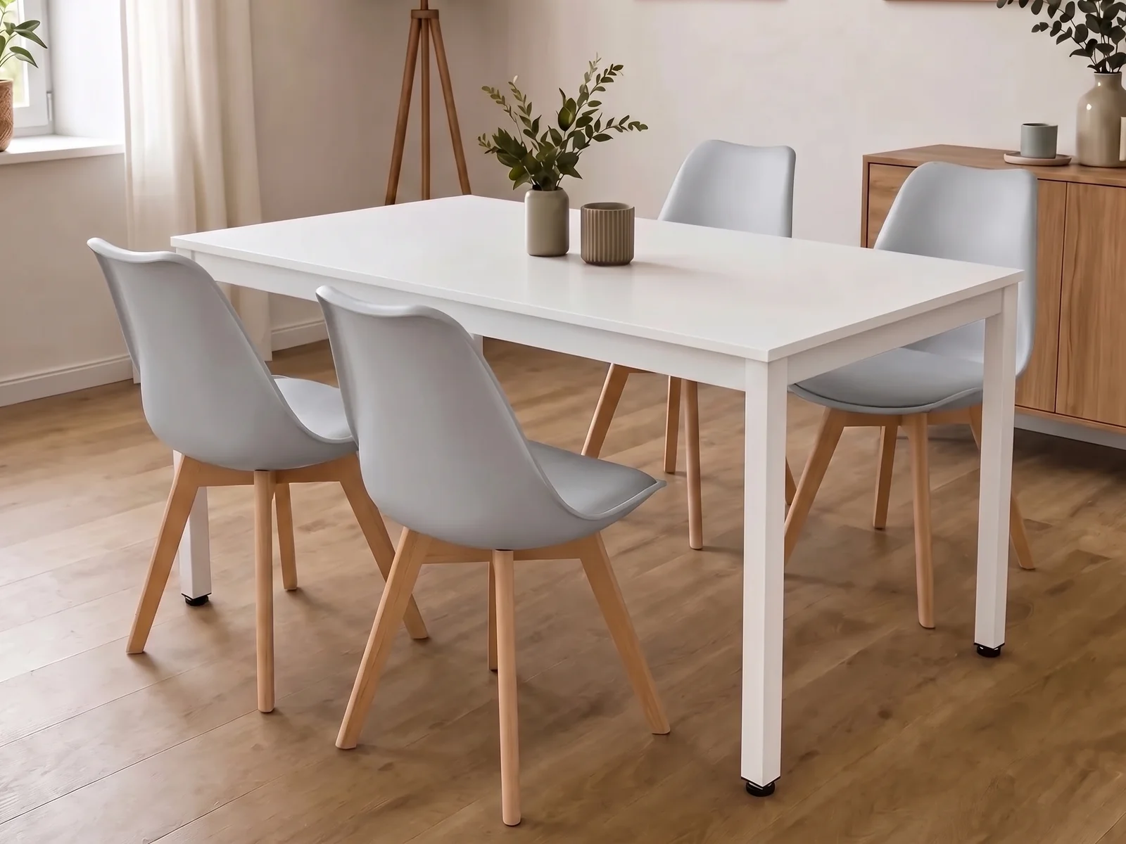 Stół Loft Biały 120x60 + Krzesła Skandynawskie z Poduszką - Szare