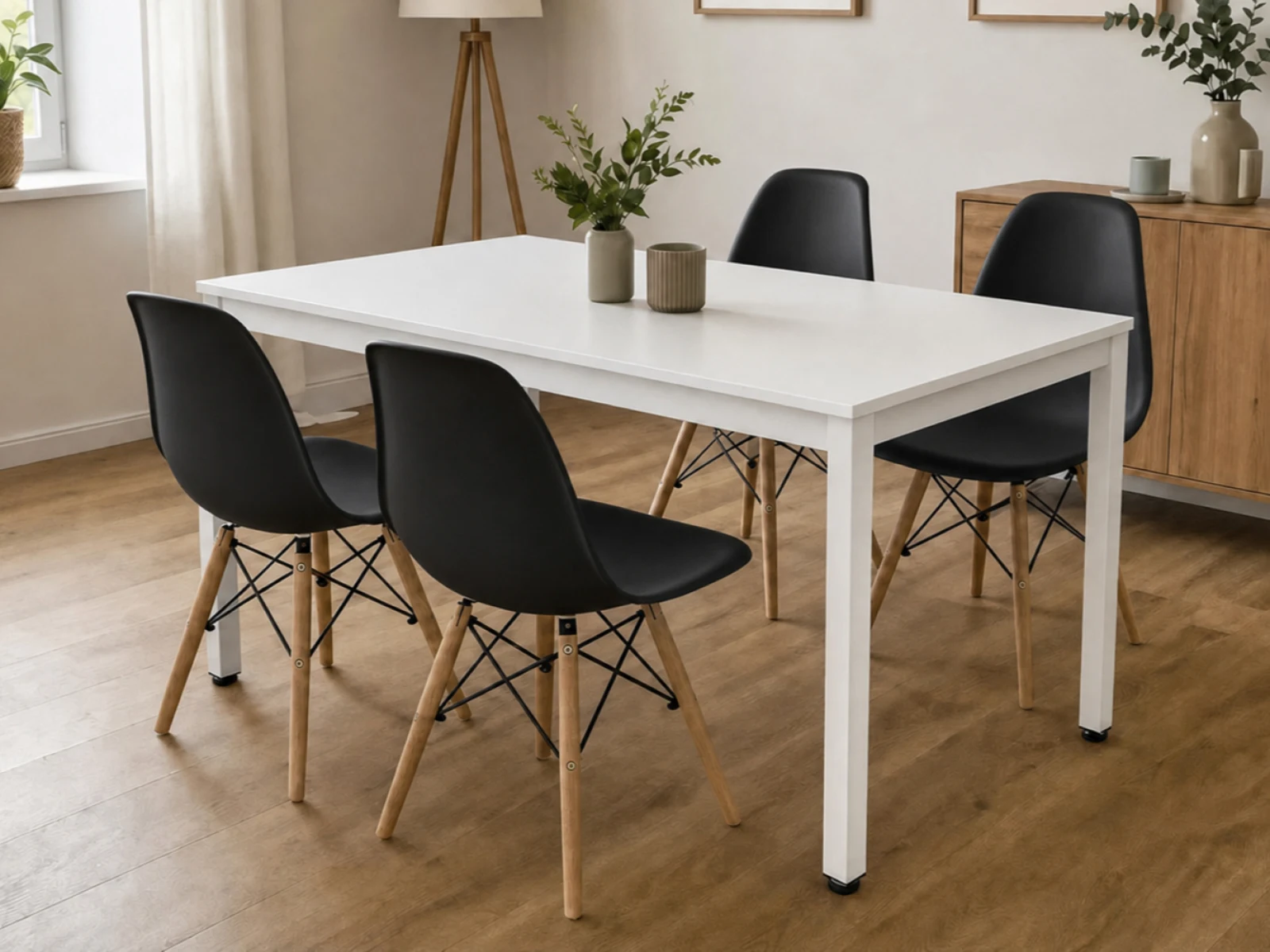 Stół Loft Biały 120x60 cm + Krzesła Skandynawskie - Czarne
