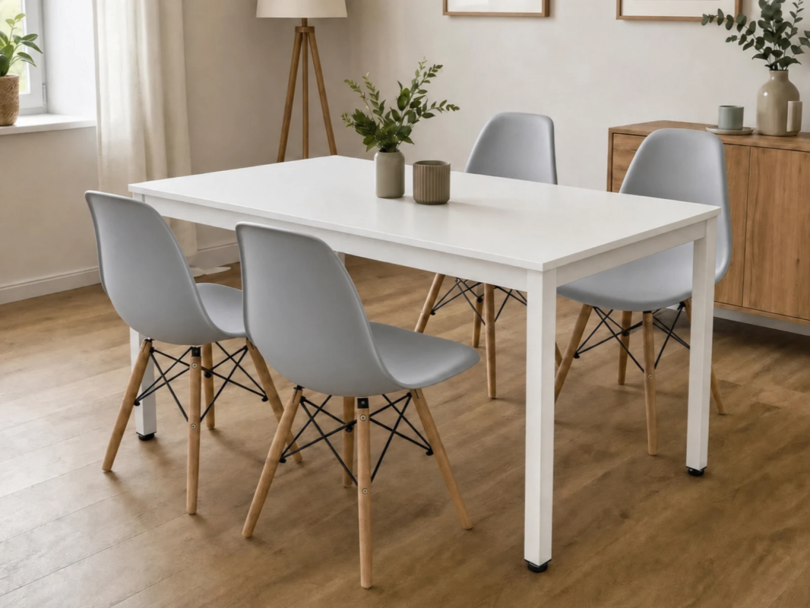 Stół Loft Biały 120x60 cm + Krzesła Skandynawskie - Szare