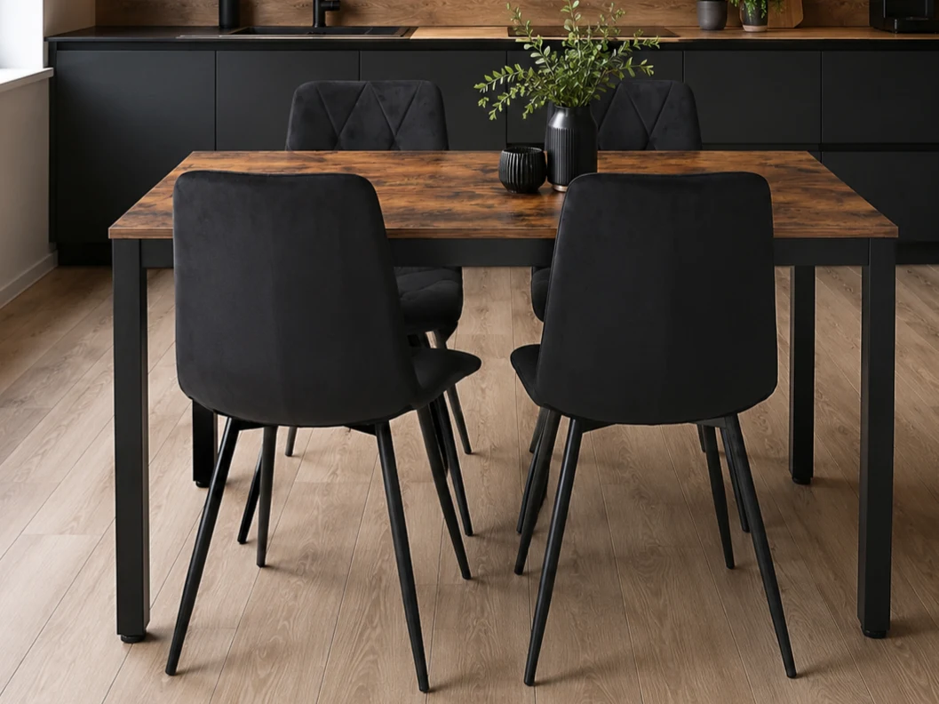 Stół Loft Dąb Postarzany + Krzesła Tapicerowane - 4 krzesła czarne