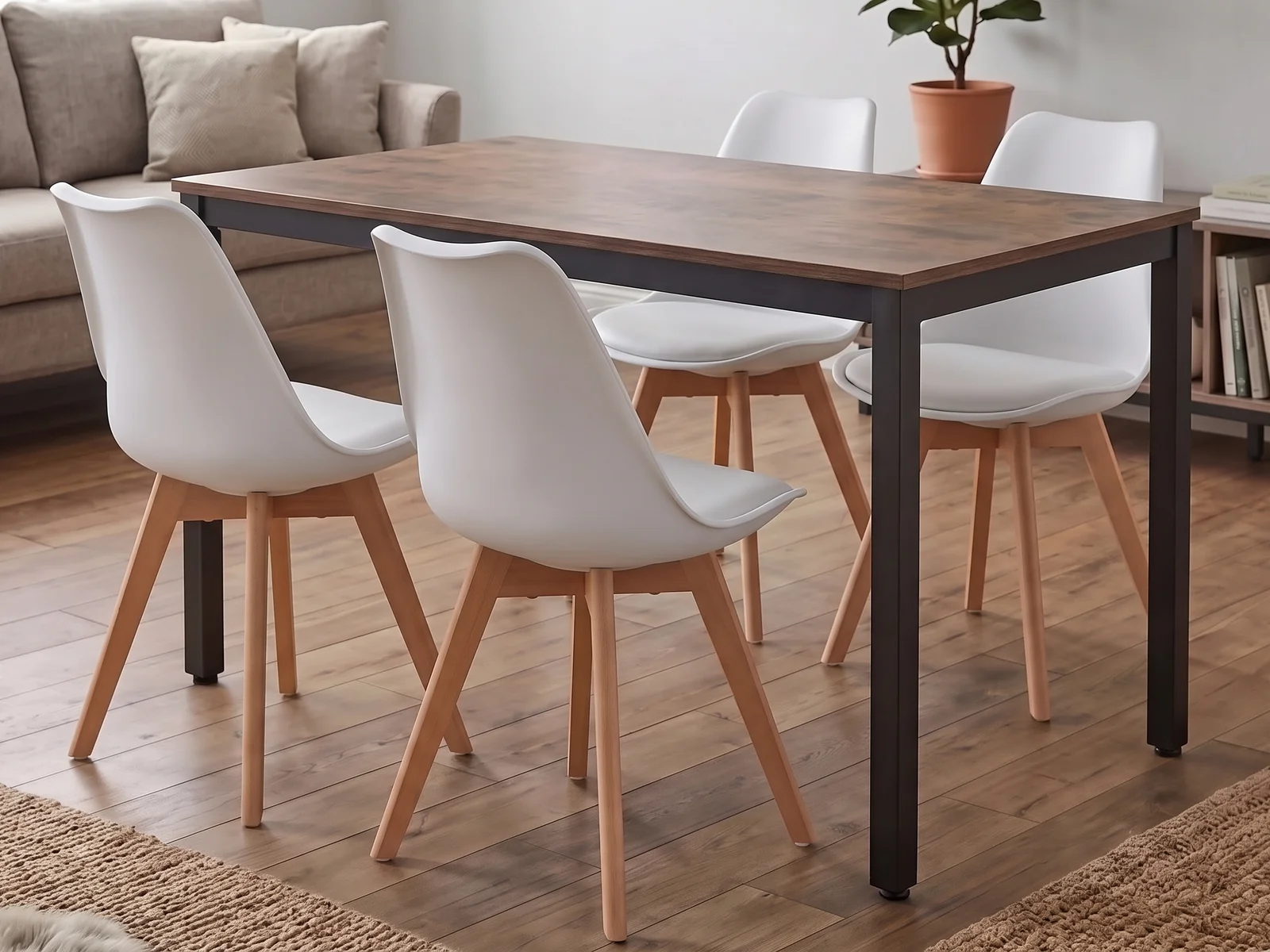 Stół Loft Dąb Postarzany 120x60 + Krzesła Skandynawskie z Poduszką - Białe