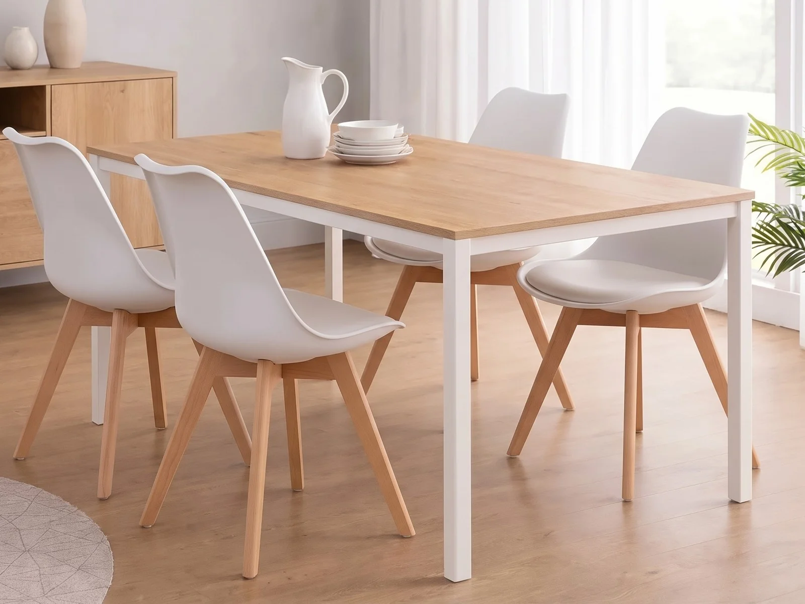 Stół Loft Dąb Sonoma 120x60 + Krzesła Skandynawskie z Poduszką - Białe