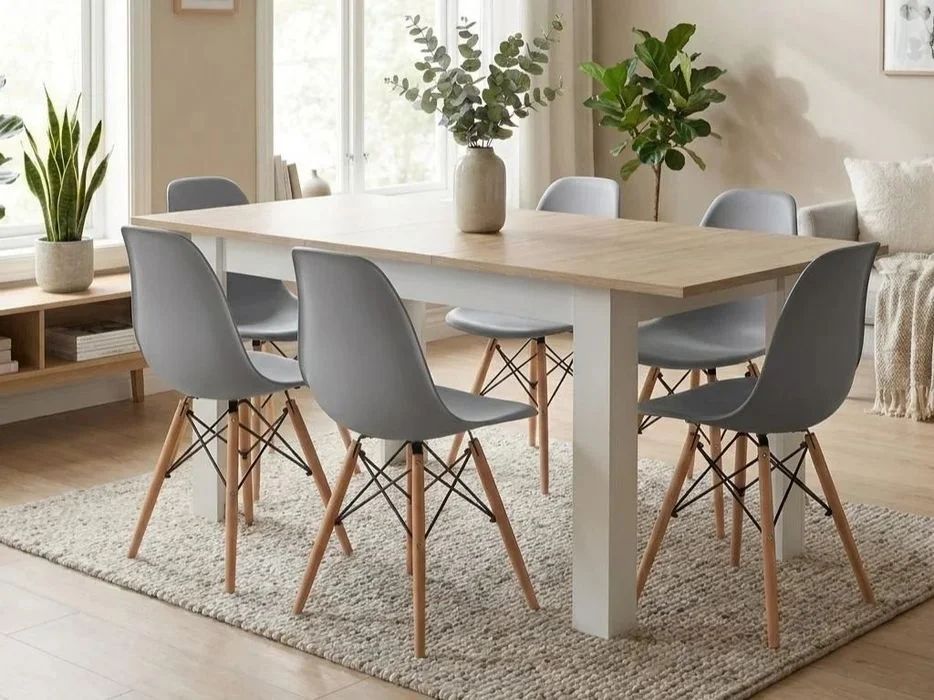 Stół Rozkładany 120/160×80 cm Dąb Sonoma + Krzesła Skandynawskie - Szare